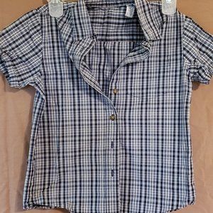 Short sleeve shirt, plaid pattern in blue, white, black, Size M (10-12)